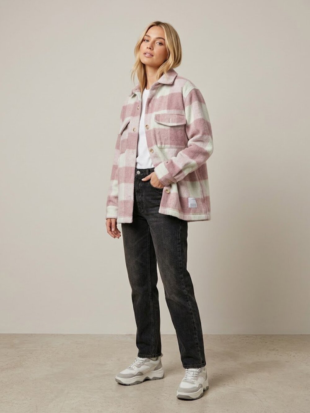 2/$30 Pull&Bear Oversized Plaid Shacket Teddy Jacket Mauve White XS #A2029